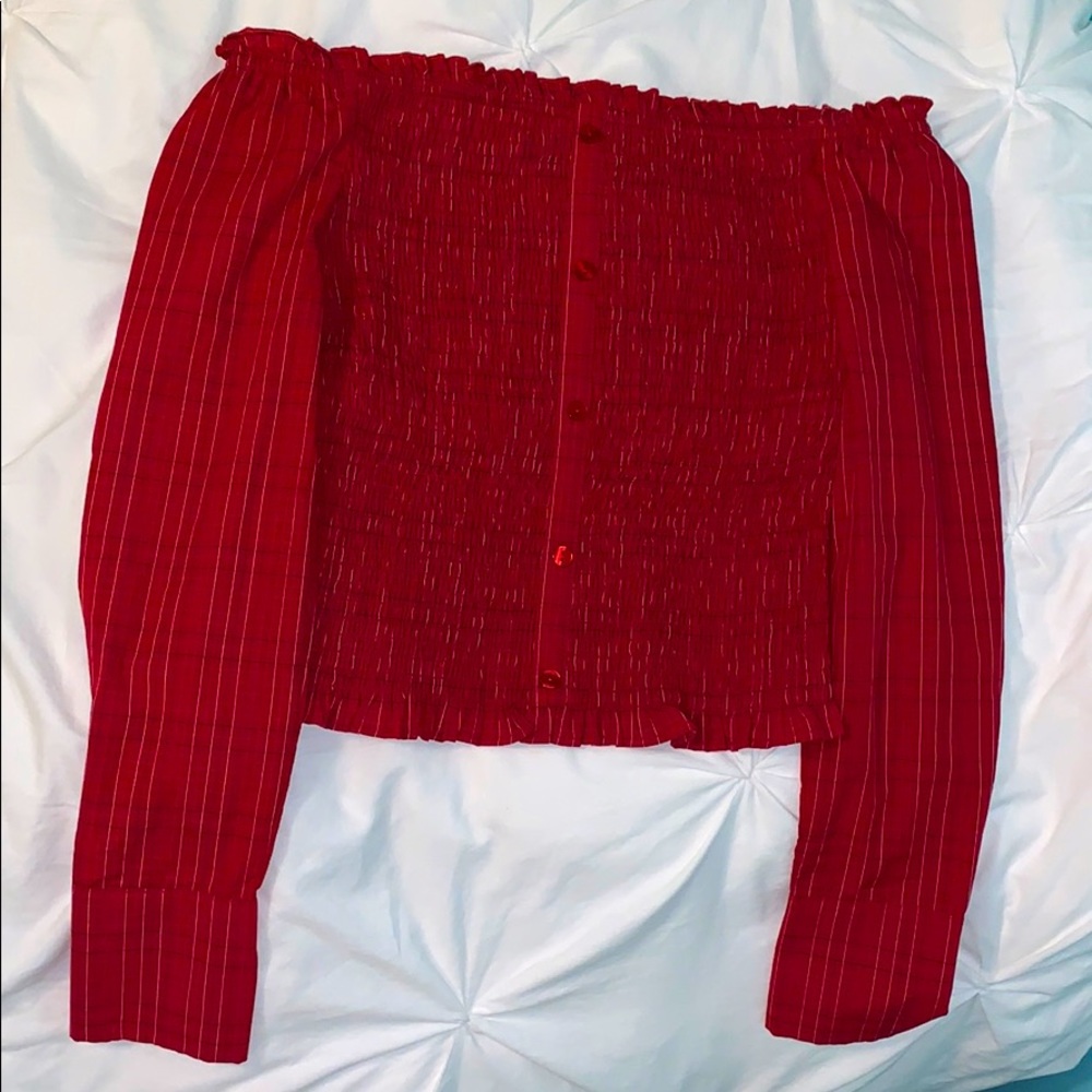 aeropostale plaid smocked off shoulder crop top